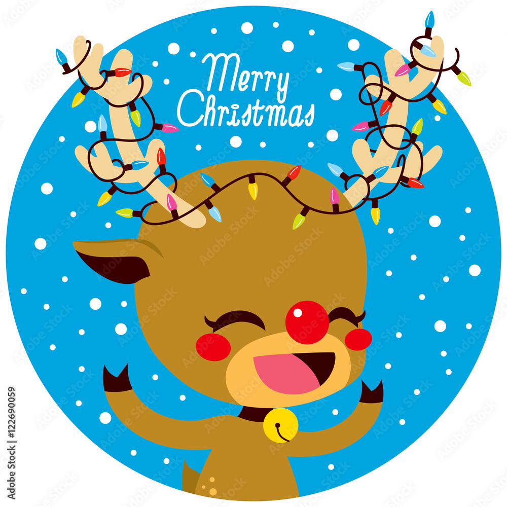 Naklejka premium Cute little happy deer with colorful lights decoration tangled in antlers and Merry Christmas text
