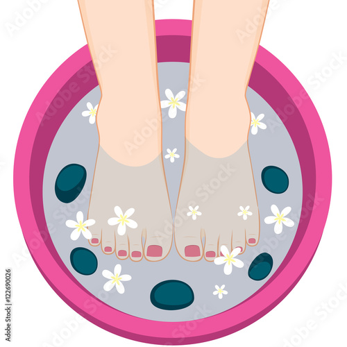 Illustration of female feet on spa bowl with stones and flowers having pedicure treatment