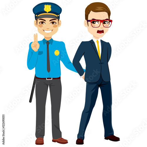 Young policeman arresting angry white collar criminal businessman