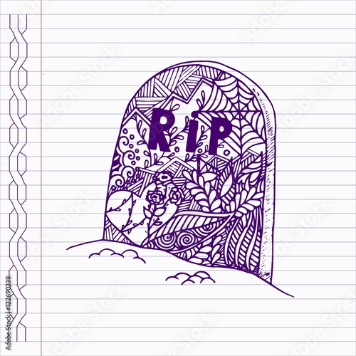 Hand drawn grave in doodle style on notebook page.