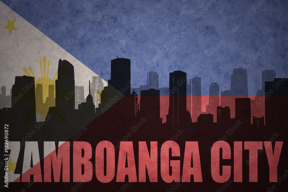 abstract silhouette of the city with text Zamboanga City at the vintage philippines flag background