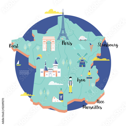 Vector map of France in retro style with popular landmarks.