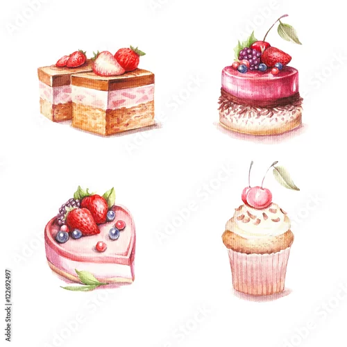Naklejka na ścianę Zbiór różnych odmian ciast. Akwarela ilustracja