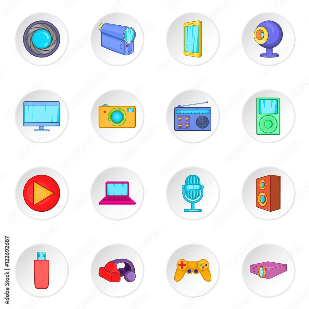 Audio and video icons set in cartoon style. Multimedia set collection vector illustration Audio and video icons set in cartoon style. Multimedia set collection vector illustration