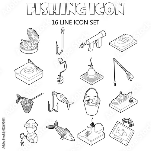 Fishing icons set in outline style. Fisher equipment set collection vector illustration