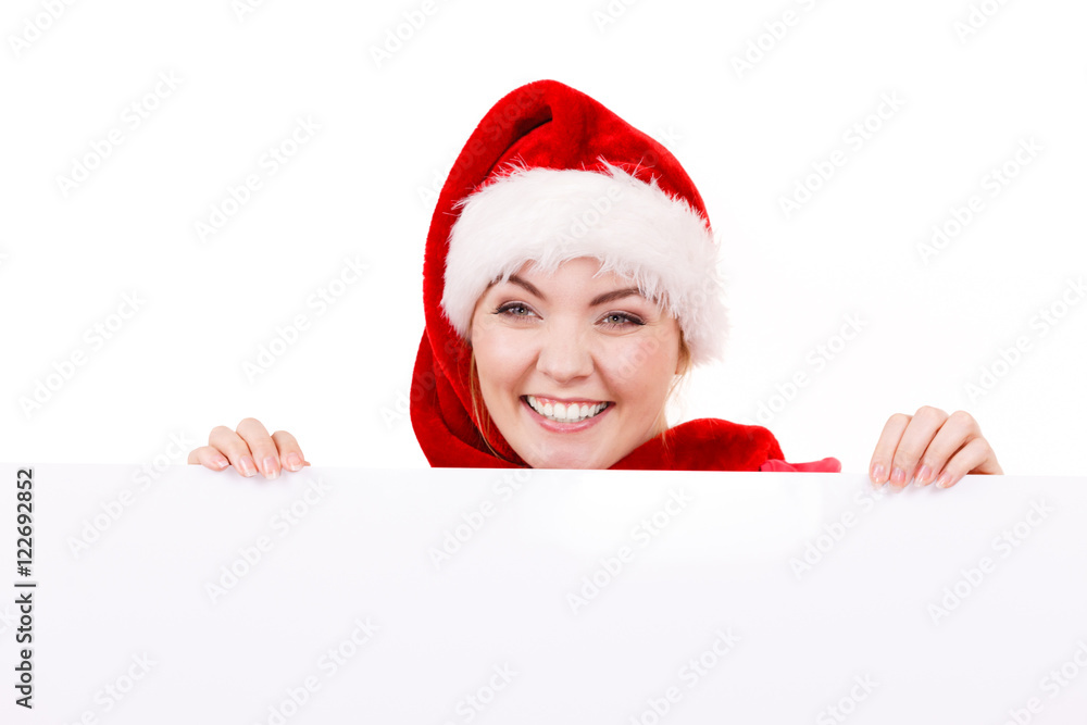 Woman with blank empty banner board. Christmas Woman with blank empty banner board. Christmas