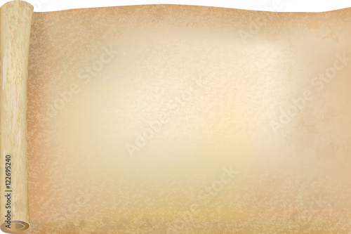 Vellum or papyrus opened scroll, vector background, mockup template for retro fashion design