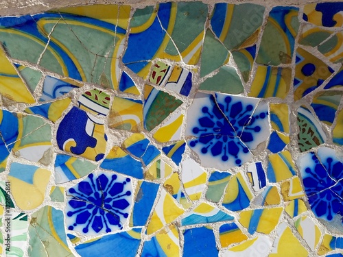 Travel Destination, Barcelona, Spain: Detail of Antonio Gaudi's mosaic art in public art landmark, Park Guell
