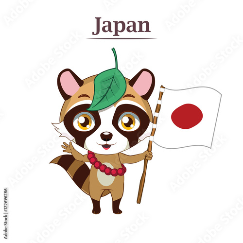Tanuki ( raccoon dog ) holding the Japanese flag