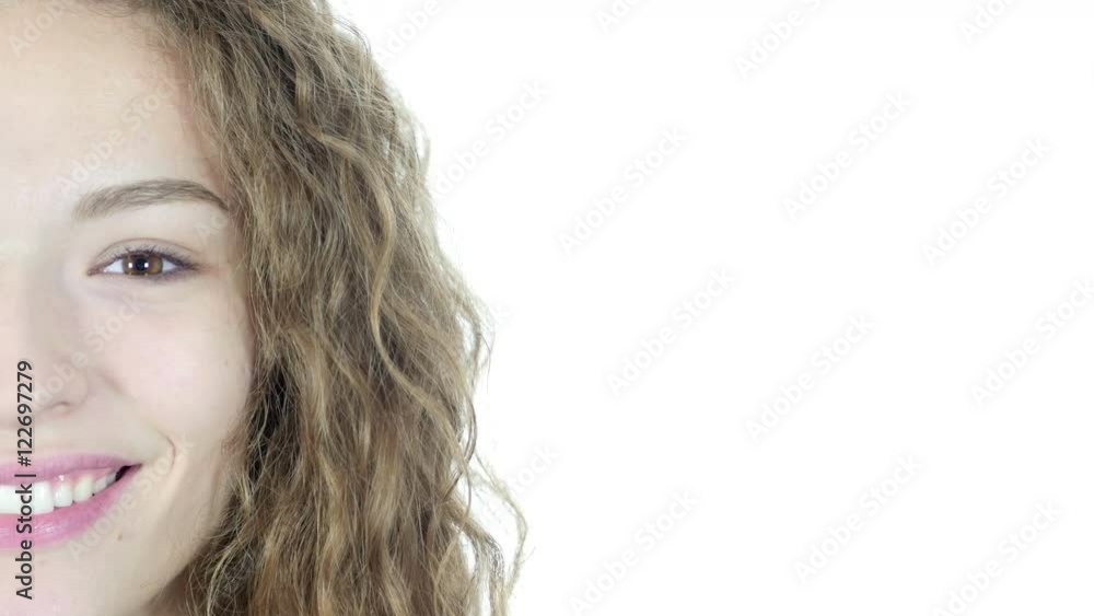 Close Up Of Half Smiling Woman Face , White Background Close Up Of Half Smiling Woman Face , White Background