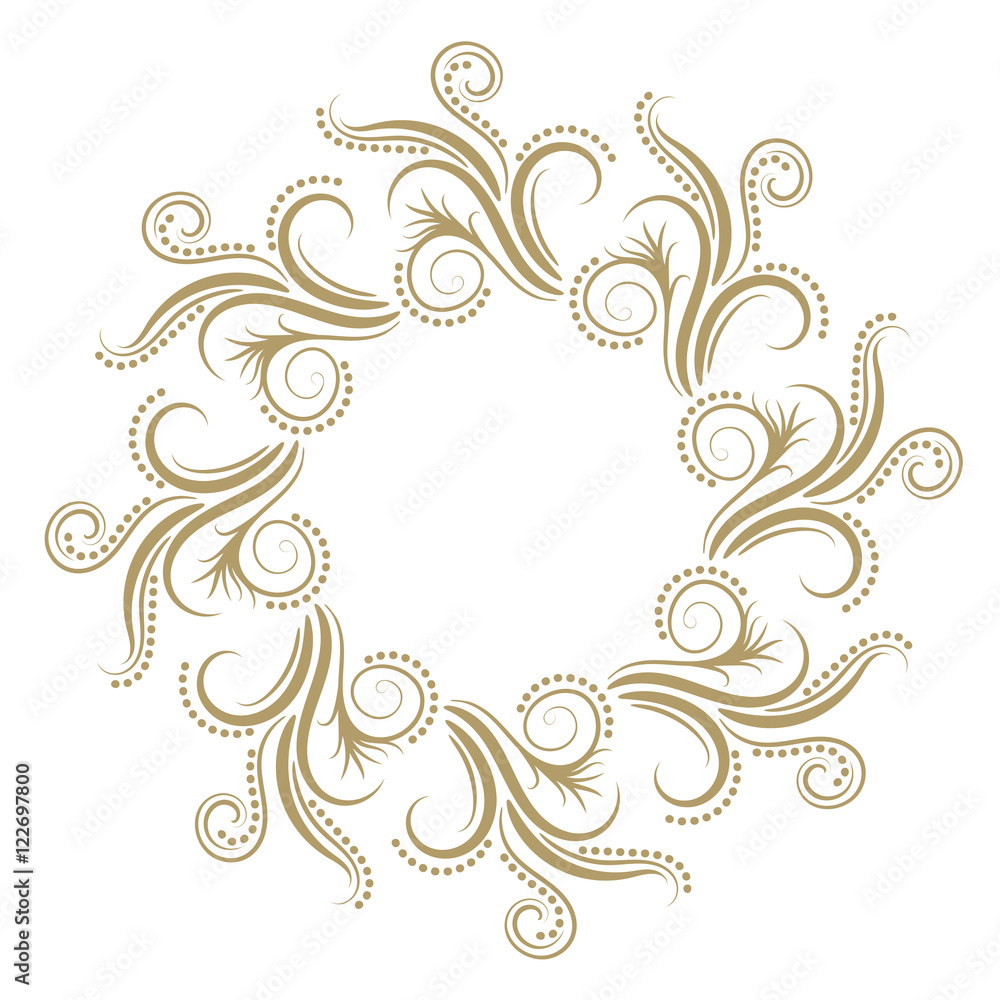 Abstract curly gold frame isolated on white background. Vector illustration.
