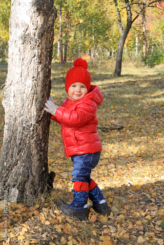 Pretty baby girl in red cap and jacket standing near a birch tree in autumn park