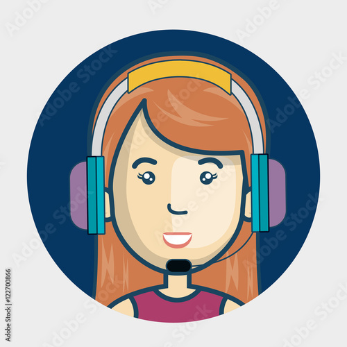 avatar woman with headphones customer call center. colorful design. vector illustration