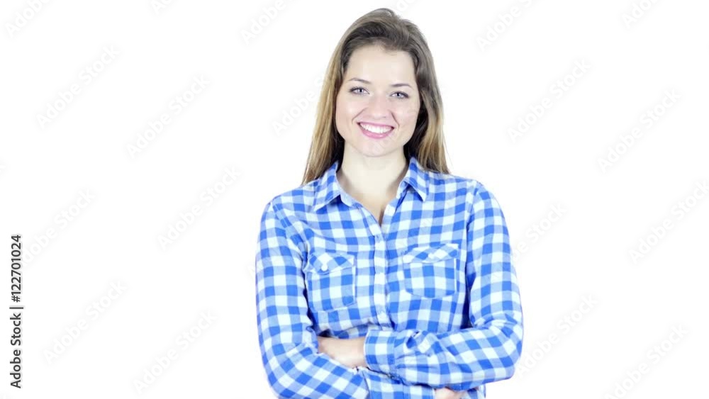 Portrait Of Positive Smiling Woman, White Background Portrait Of Positive Smiling Woman, White Background