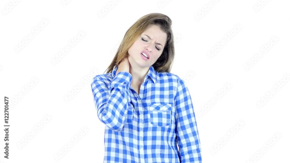 Neck pain ,Woman Suffering from Pain In Neck , White Background Neck pain ,Woman Suffering from Pain In Neck , White Background