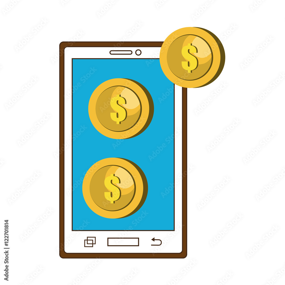smartphone device and gold money coins. vector illustration smartphone device and gold money coins. vector illustration