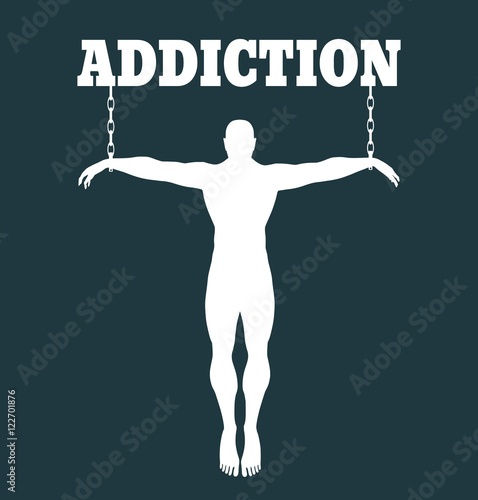 Man chained to addiction word. Unhealth addiction metaphor. Vector illustration.
