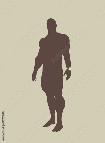 Man wearing smart watch. Bodybuilder posing. Human silhouette