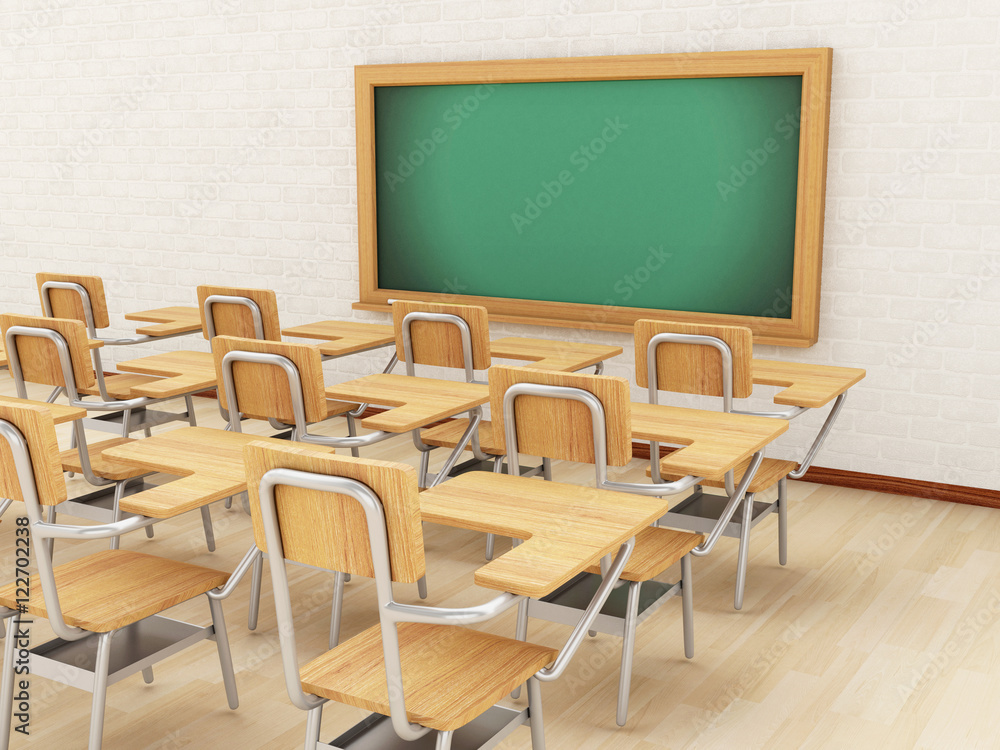 3d classroom with chairs and chalkboard. 3d classroom with chairs and chalkboard.