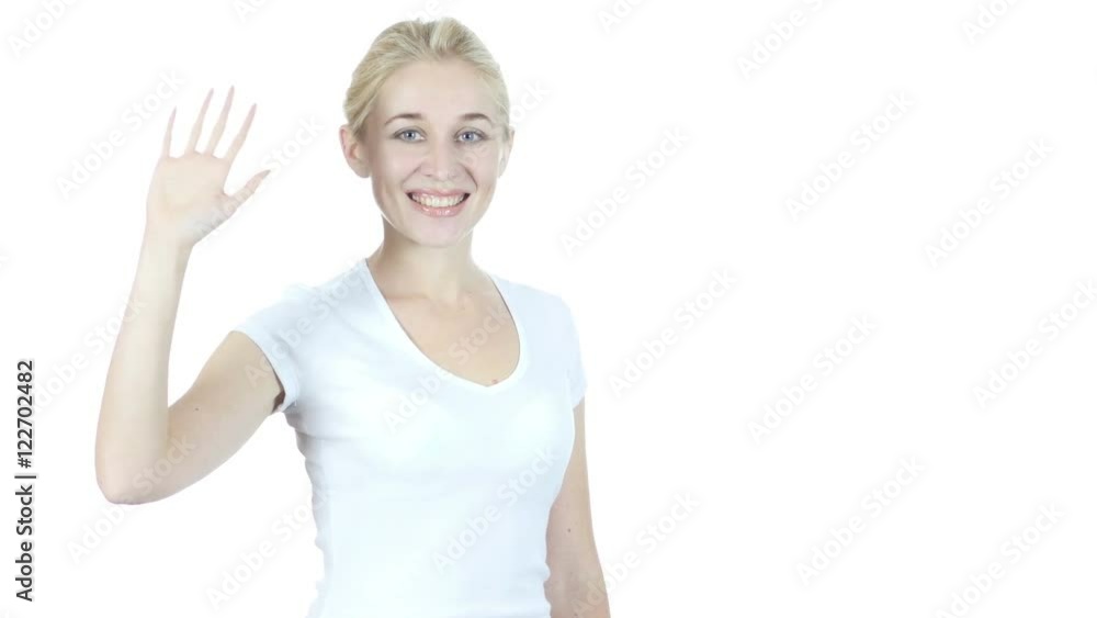 Hi, Hello, Woman Waving Hand, Welcome, Portrait On White Background Hi, Hello, Woman Waving Hand, Welcome, Portrait On White Background