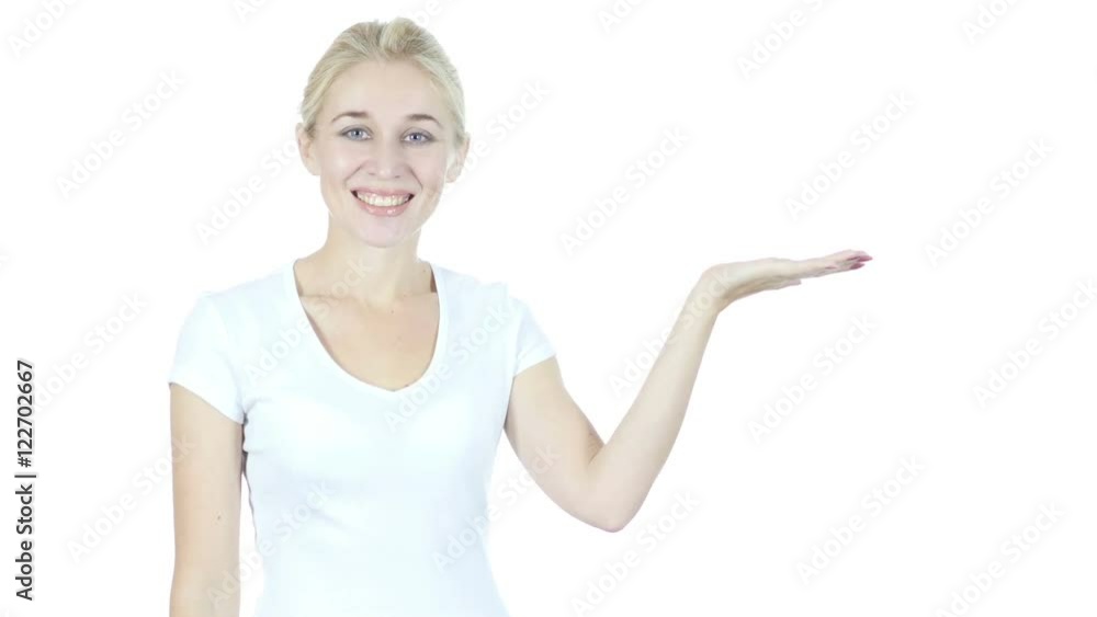 Woman Presenting Product on Screen, Geture, White Background Woman Presenting Product on Screen, Geture, White Background