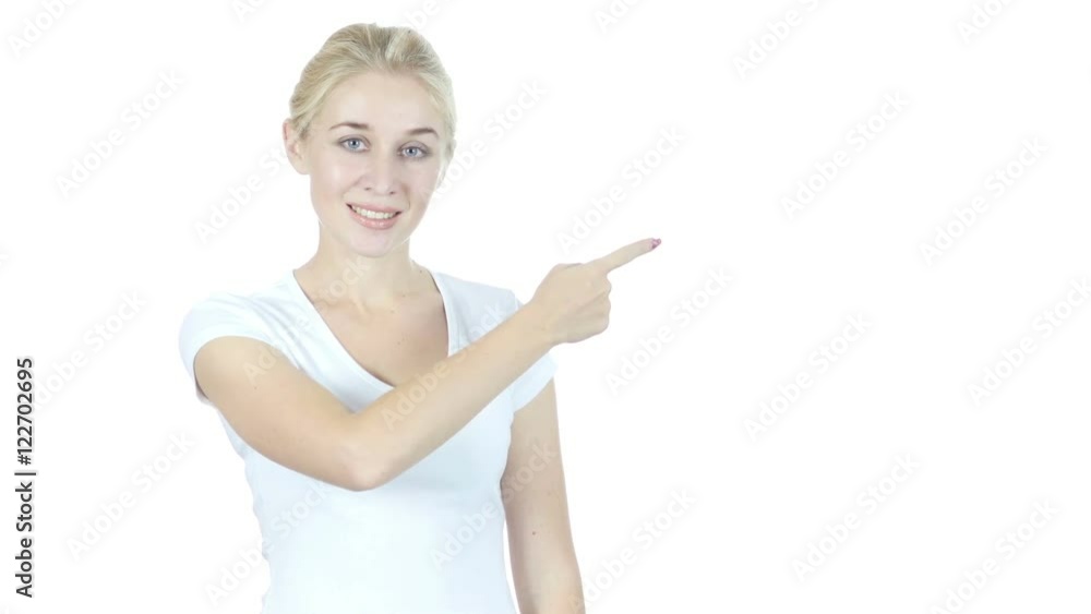 Woman Pointing Showing Direction Aside , White Background Woman Pointing Showing Direction Aside , White Background