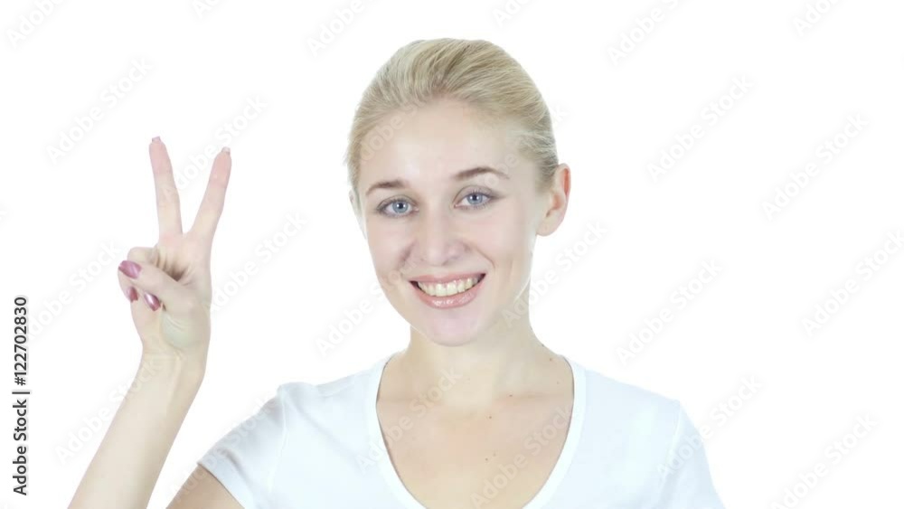 Woman Showing Victory Sign, White Background Woman Showing Victory Sign, White Background