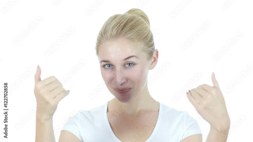 Join Us, Invitatng Beautiful Woman, White Background Join Us, Invitatng Beautiful Woman, White Background