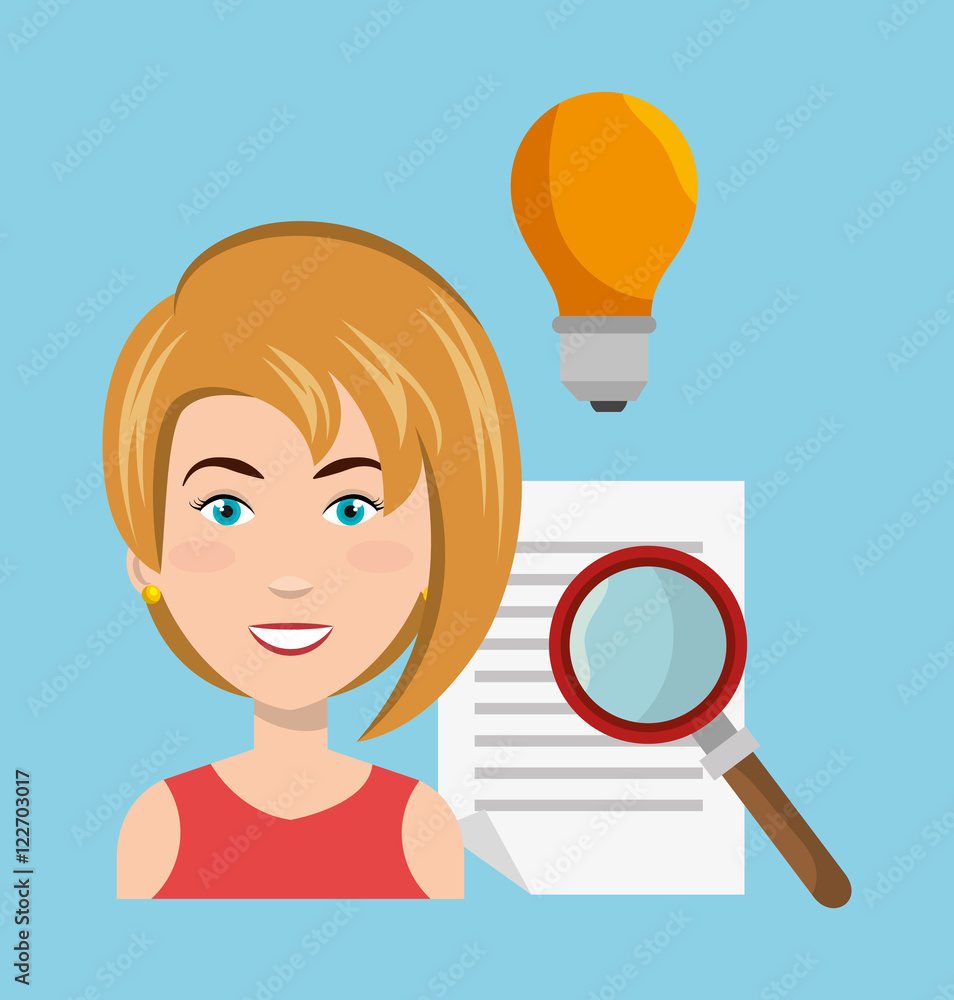 avatar businesswoman smiling with paper page and magnifying glass icon over blue background. vector illustration avatar businesswoman smiling with paper page and magnifying glass icon over blue background. vector illustration