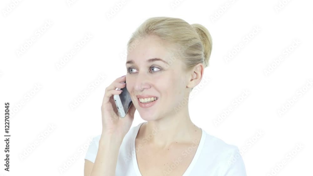 Phone Call, Woman Talking On Smartphone, White Background Phone Call, Woman Talking On Smartphone, White Background