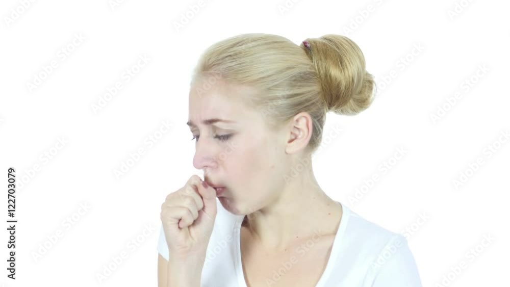 Coughing, Sick Woman Suffering From Cough, White Background