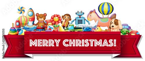 Merry Christmas sign with many toys