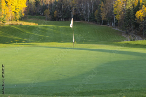 An early autumn morning on the 9th hole at Elkridge Golf Resort in Prince Albert National Park at Waskesiu Saskatchewan, Canad.