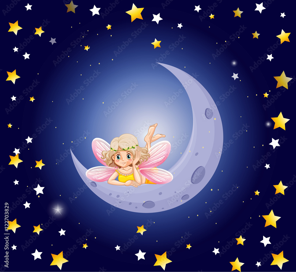 Cute fairy and the moon in the sky