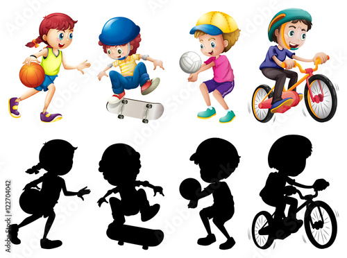 Kids doing different sport set with silhouette