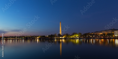 Washington DC panorama near Tidal Basin at sunrise. Washington Monument and city lights reflection in water.