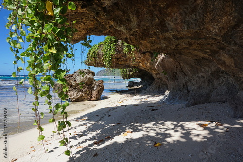Small sandy beach with vines hang down from the rocks on the sea shore, Rurutu island, south Pacific ocean, Austral archipelago, French Polynesia photo