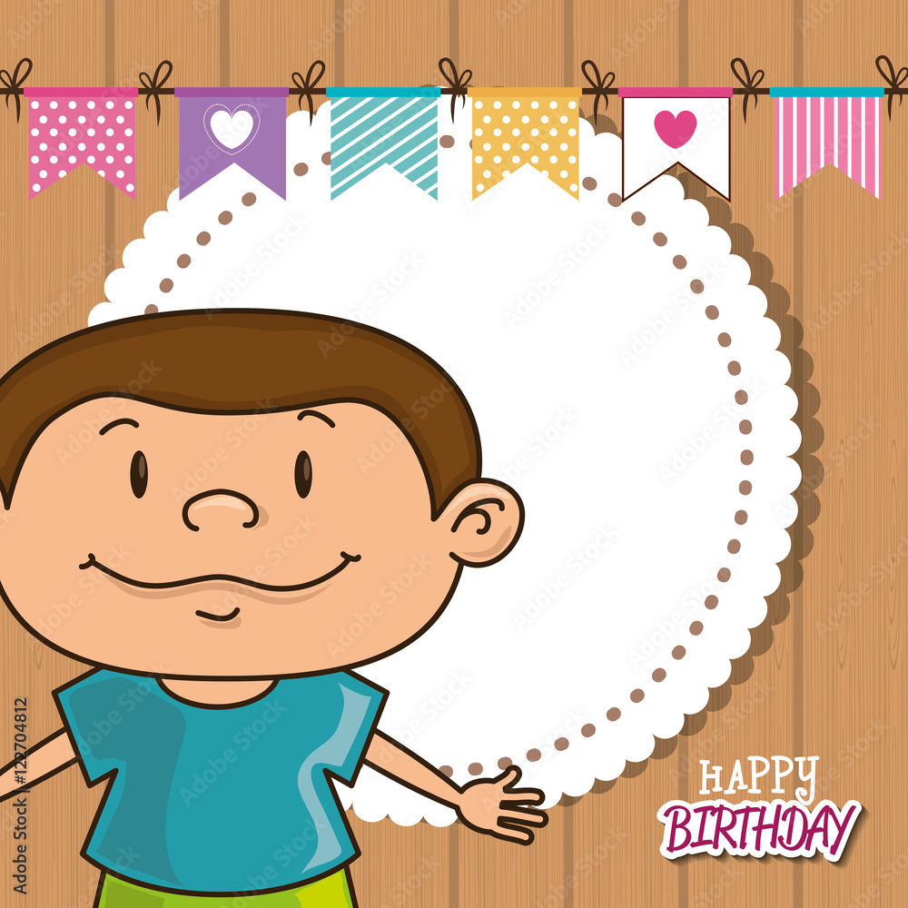avatar boy smiling happy birthday card over wooden card. vector illustration