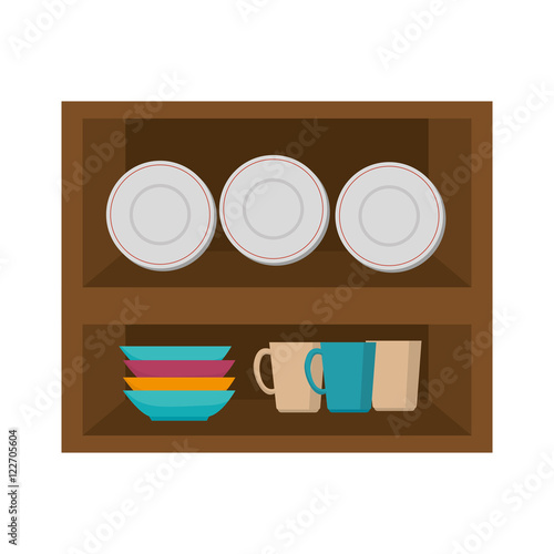 kitchen furniture wooden with dishes and cups. vector illustration