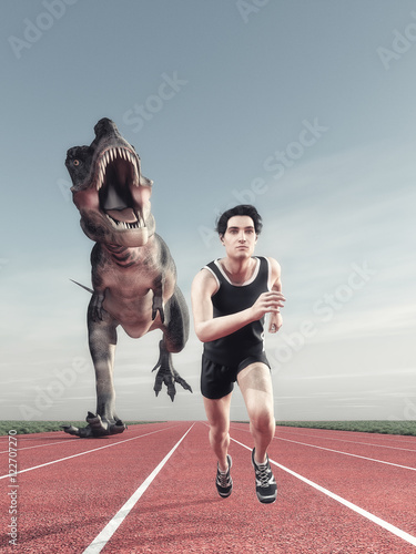 A man and a dinosaur running photo