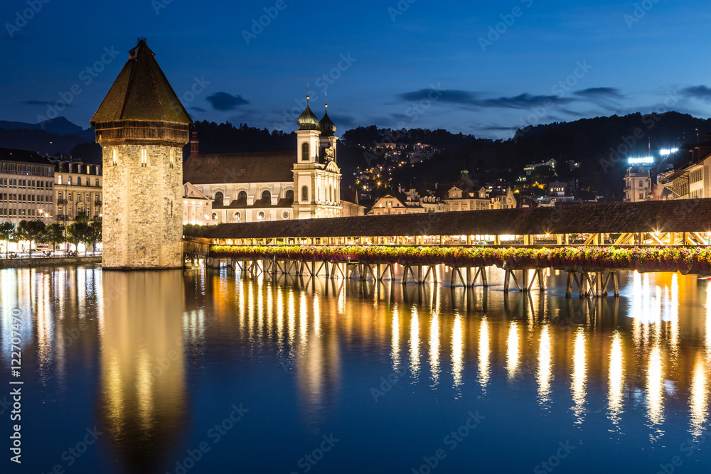 Chapel bridge in Lucerne at night, Switzerland.