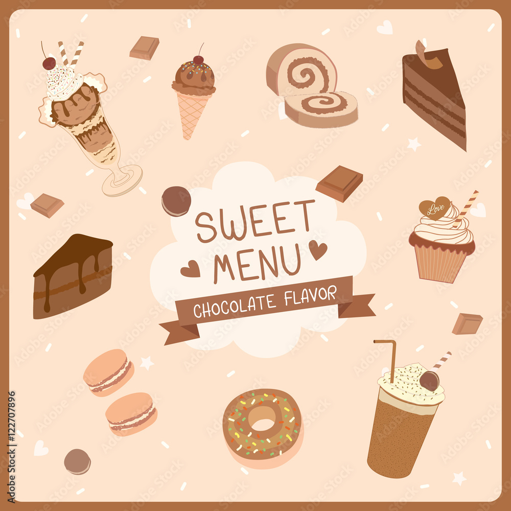 Chocolate flavour of sweet dessert menu banner template for restaurant and cafe shop.Brown pastel colors.Illustration vector.