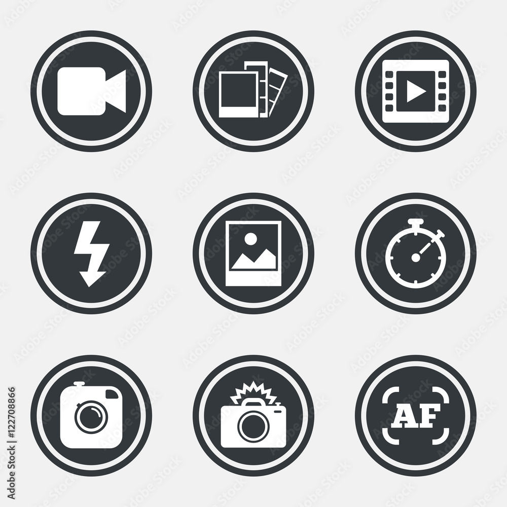Photo, video icons. Camera, photos and frame. Photo, video icons. Camera, photos and frame.
