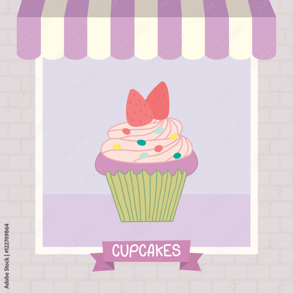 Cupcakes cafe shop showcase decoration with awning and brick wall in purple violet and pastel background colors.Illustration vector. Cupcakes cafe shop showcase decoration with awning and brick wall in purple violet and pastel background colors.Illustration vector.