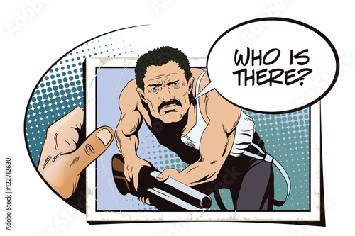 People in retro style. Man with shotgun.