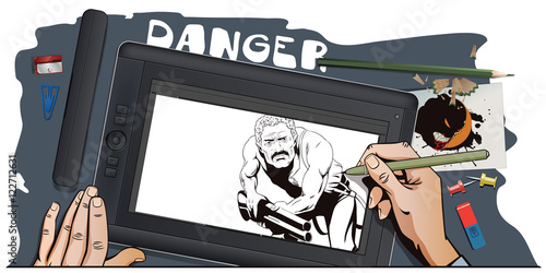 People in retro style. Man with shotgun.