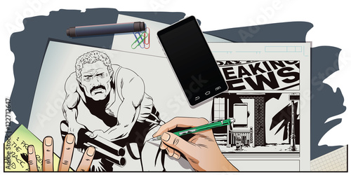 People in retro style. Man with shotgun.