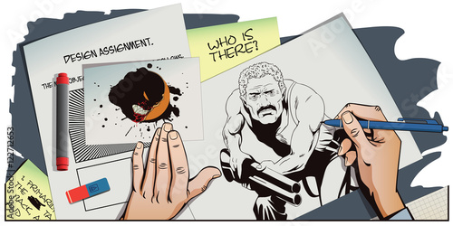 People in retro style. Man with shotgun.