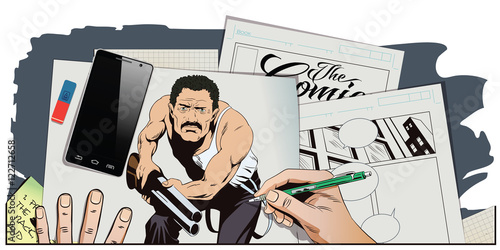 People in retro style. Man with shotgun.