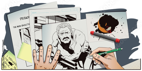 People in retro style. Man with shotgun.